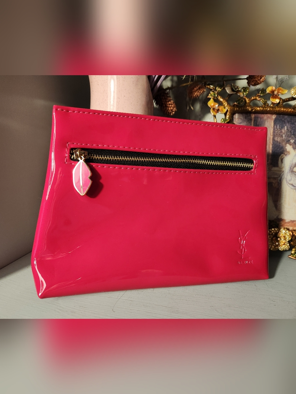 Yves Saint Laurent YSL Hot Pink Lips Vinyl  Cosmetic Pouch 8x5.5x2